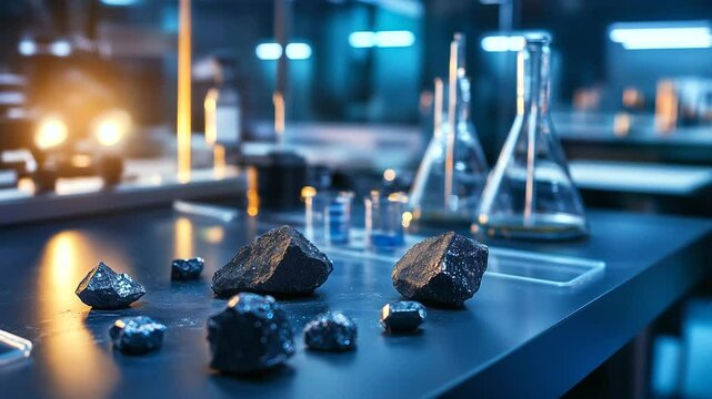 A rich close-up of various rare earth mineral samples placed on a scientist&rsquo;s workstation, under precise lighting to showcase their metallic brilliance and industrial significance.