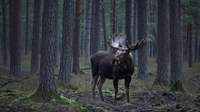 Elk or Moose, Alces alces in the dark forest during rainy day. Beautiful animal in the nature habitat. Wildlife scene from Sweden.