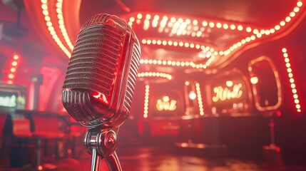 Vintage microphone glows dramatically on stage in a smoky lounge