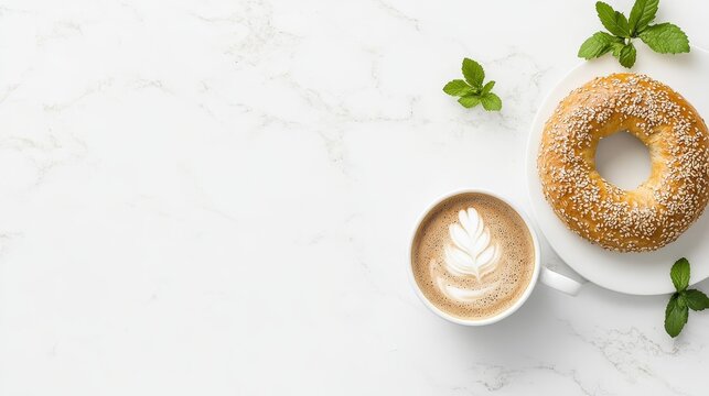Toasted sesame bagel breakfast with coffee cozy kitchen setting deliciously baked dough delight