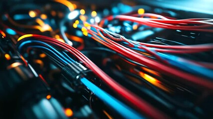 A detailed macro shot of an intricate bundle of red, blue, and yellow wiring harnesses snaking through a high-performance car engine, showcasing efficiency in automotive technology - Powered by Adobe