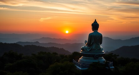 Vesak Day Buddha statue with sunset in the mountains | Concept of important days in Buddhism | Vesak day celebration.