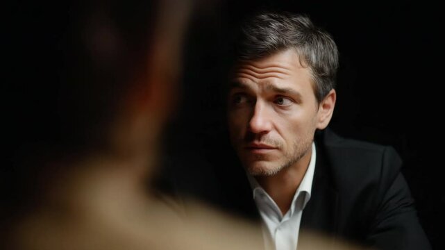 A thoughtful businessman listening carefully to someone else in a serious discourse.