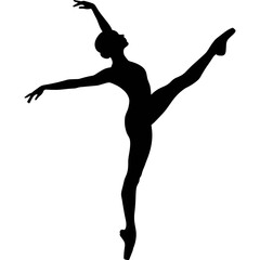 Silhouette of dancer performing ballet pose. Dancer in silhouette performing ballet dance on white background