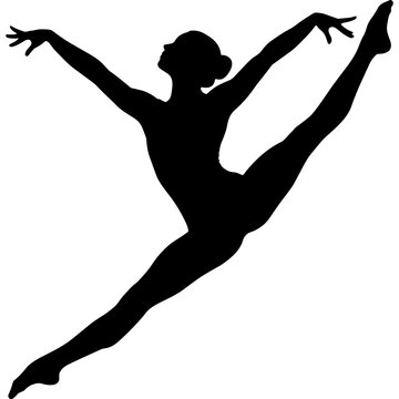 recommend clip art: Dancer Silhouette in Split Leap Pose Dance Ballet Performance Artistic Gymnastics Acrobatics Flexibility Graceful Movement