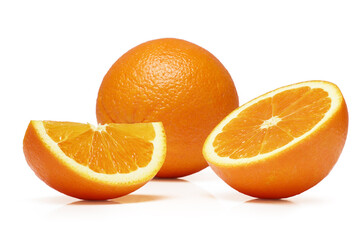Oranges whole and sliced on white background