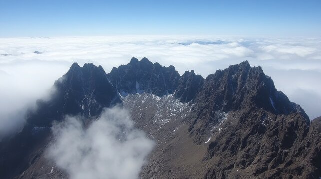 Aerial view of rugged mountain peaks above clouds