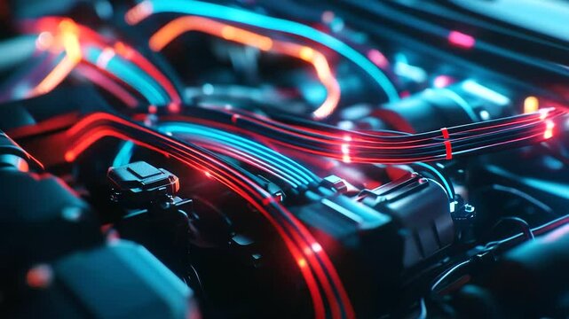 A vibrant close-up of meticulously arranged car wiring harnesses, their insulation reflecting soft light, highlighting the efficiency and precision of automotive engineering.