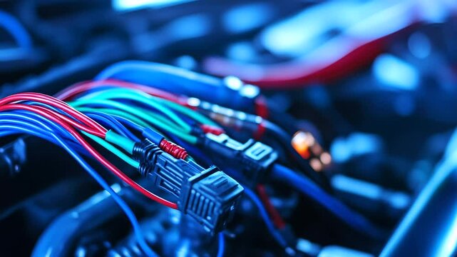 A high-resolution macro shot of electrical wiring harnesses in blue, red, and green, tightly secured within a car engine, symbolizing innovation in vehicle electronics.