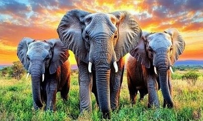 Fototapeta premium African elephant family at sunset in savanna. Wildlife photography for nature documentaries