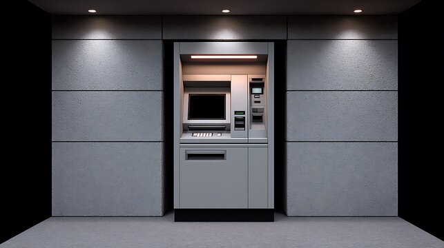 ATM Machine Night with Modern Banking Kiosk.