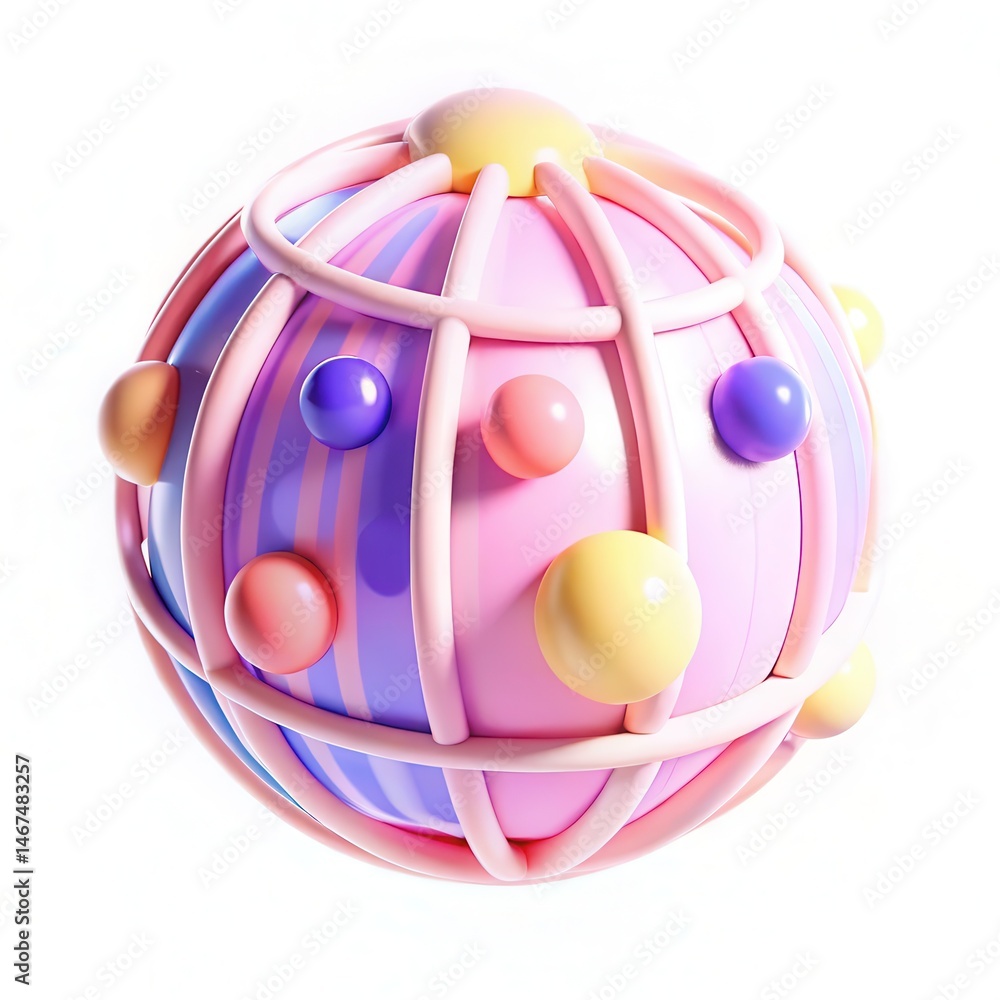 Poster a colorful, spherical object with a playful design featuring pastel colors and round shapes.