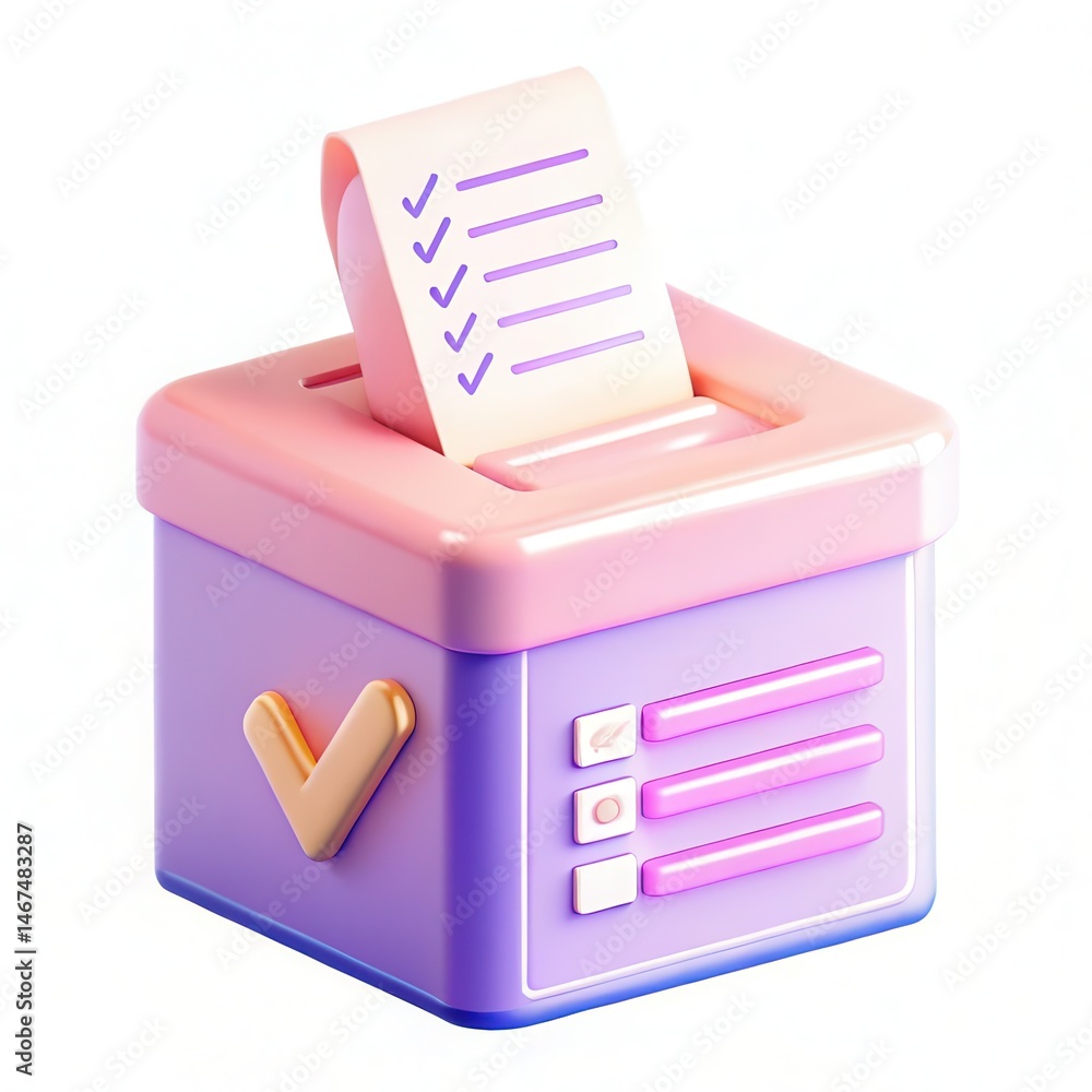 Poster a colorful 3d illustration of a ballot box with a checklist being inserted, symbolizing voting and e