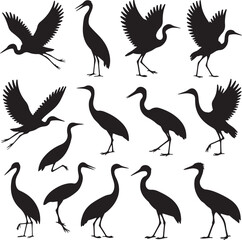 Naklejka premium Heron Silhouette SVG – Elegant Bird Vector for Nature DesignsFlying Heron Clipart – Wildlife SVG for Crafts & PrintsWading Bird Vector – Heron Design for Nature & Bird LoversHeron Standing SVG –