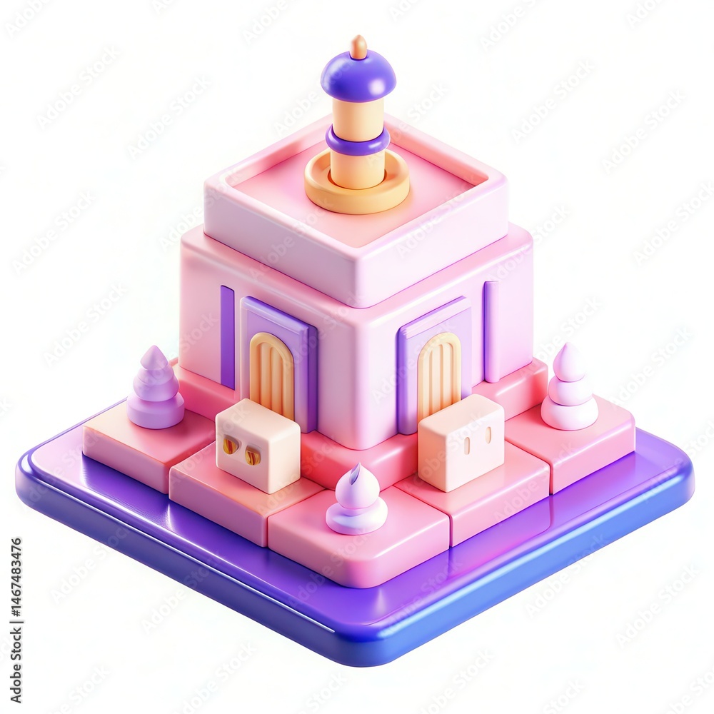Poster a colorful 3d model of a whimsical castle with playful shapes and vibrant colors, set on a platform 