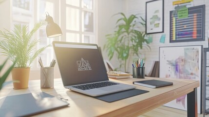 Fototapeta premium Creative workspace of a designer with a laptop, graphic tablet, coffee cup, notebook, modern desk with bright natural light, minimalistic decor ideal for freelance, creativity, and productivity themes