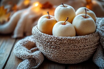 A wicker basket with fresh, neutral-colored fruits on a wooden table, bathed in soft natural light