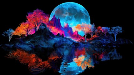 Vivid, colorful landscape with a luminous moon reflected in a dark pool.
