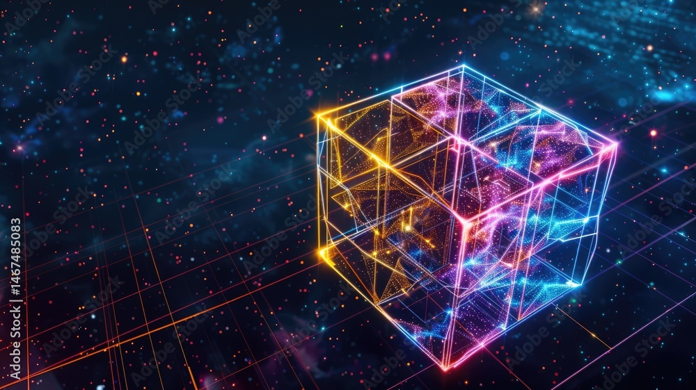 Aufkleber abstract chaotic and energetic of mixed digital style cube object, burst of colorful light pattern i
