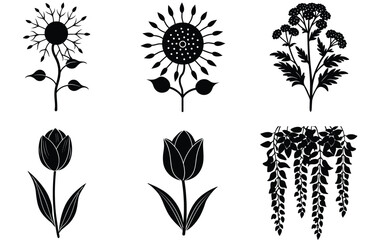 This vector set features a floral pattern with a vintage design, showcasing a drawing of black silhouettes of flowers and leaves, perfect for art and decoration