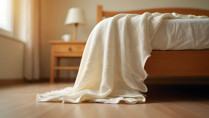 Cozy Bed with a Soft White Blanket: Serene and Comfortable Bedroom Scene