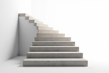 A flight of worn concrete stairs leads upward on a white backdrop , white wall, shadow