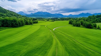 Fototapeta premium Aerial View Of Lush Green Field Landscape With Winding Pathway And Mountain Range Background