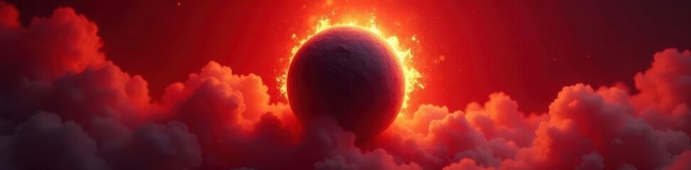 Black sphere bursts from fiery halo, swirling smoke against red backdrop, fire, bold
