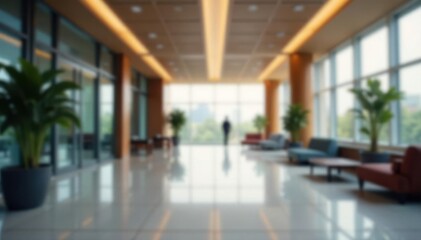 Blurred empty office lobby, soft focus, muted tones, building, corporate, light