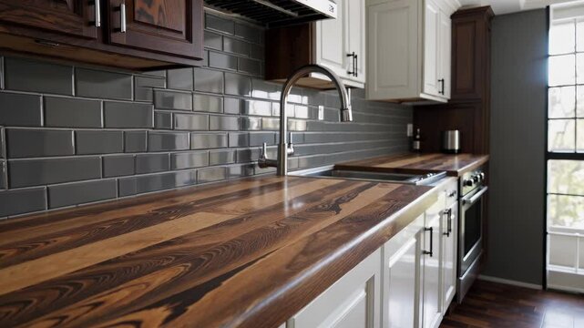 Modern kitchen furniture features rich wood countertop and crisp subway tile backsplash under soft daylight. Spacious kitchen design offers elegant functionality and inviting atmosphere
