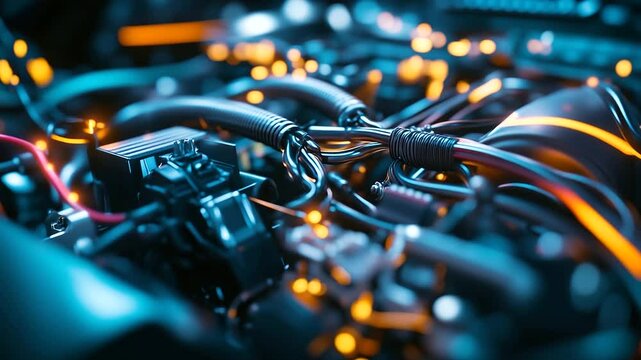 A high-tech close-up of neatly bundled, color-coded wiring harnesses inside a powerful car engine, emphasizing their role in connectivity, safety, and efficiency.