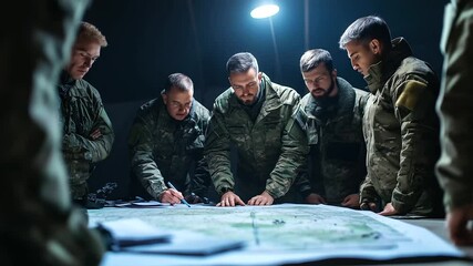 An intense discussion between military officers standing over a detailed map in a temporary field control center, with communication devices and strategic documents spread across t