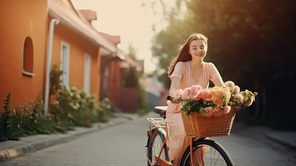 Fototapete Rund Young woman riding a vintage bicycle with a basket of flowers through a sunny street, motion blur, joyful summer day  © Dream