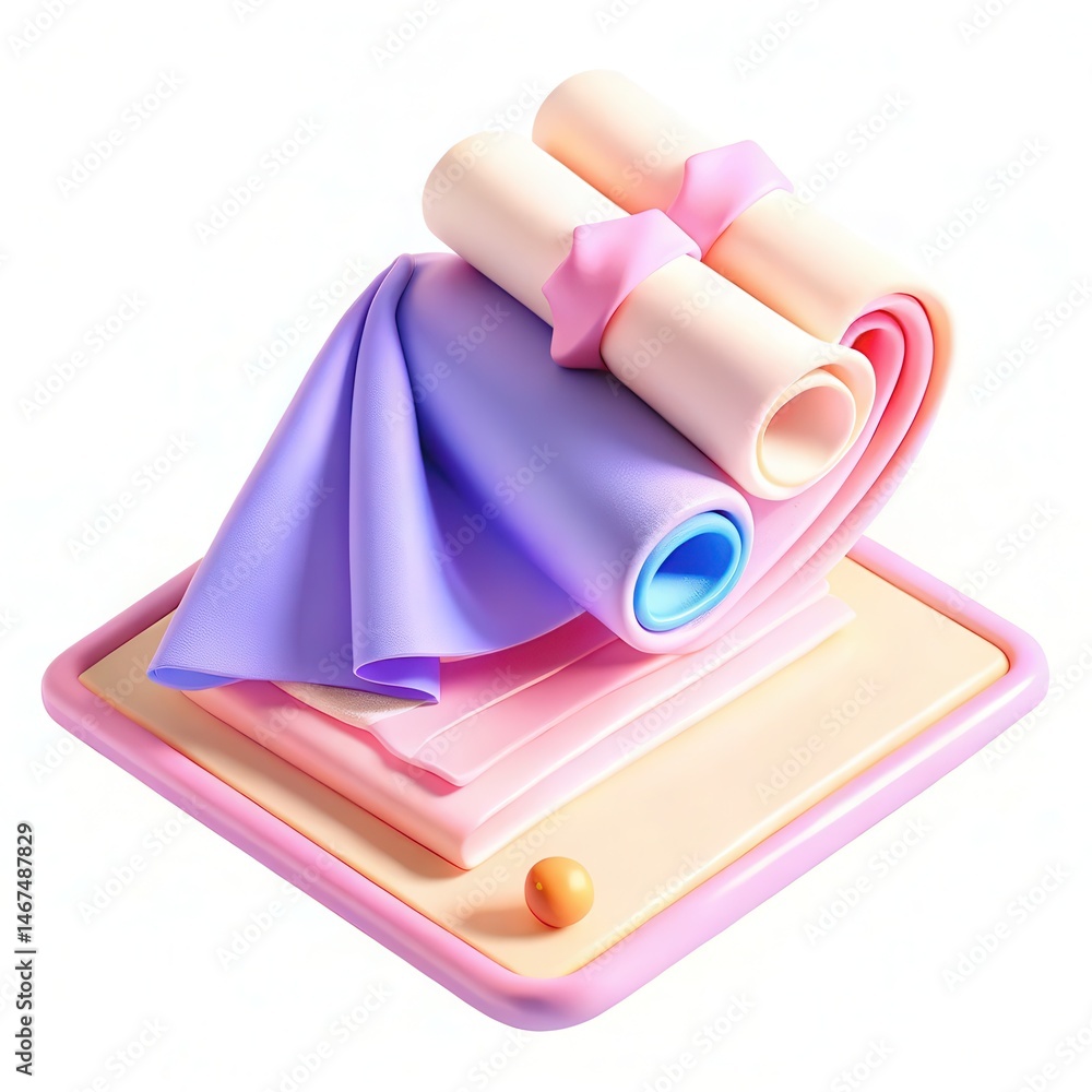 Poster an abstract display of rolling fabrics in soft pastel colors, creating a unique texture and modern d
