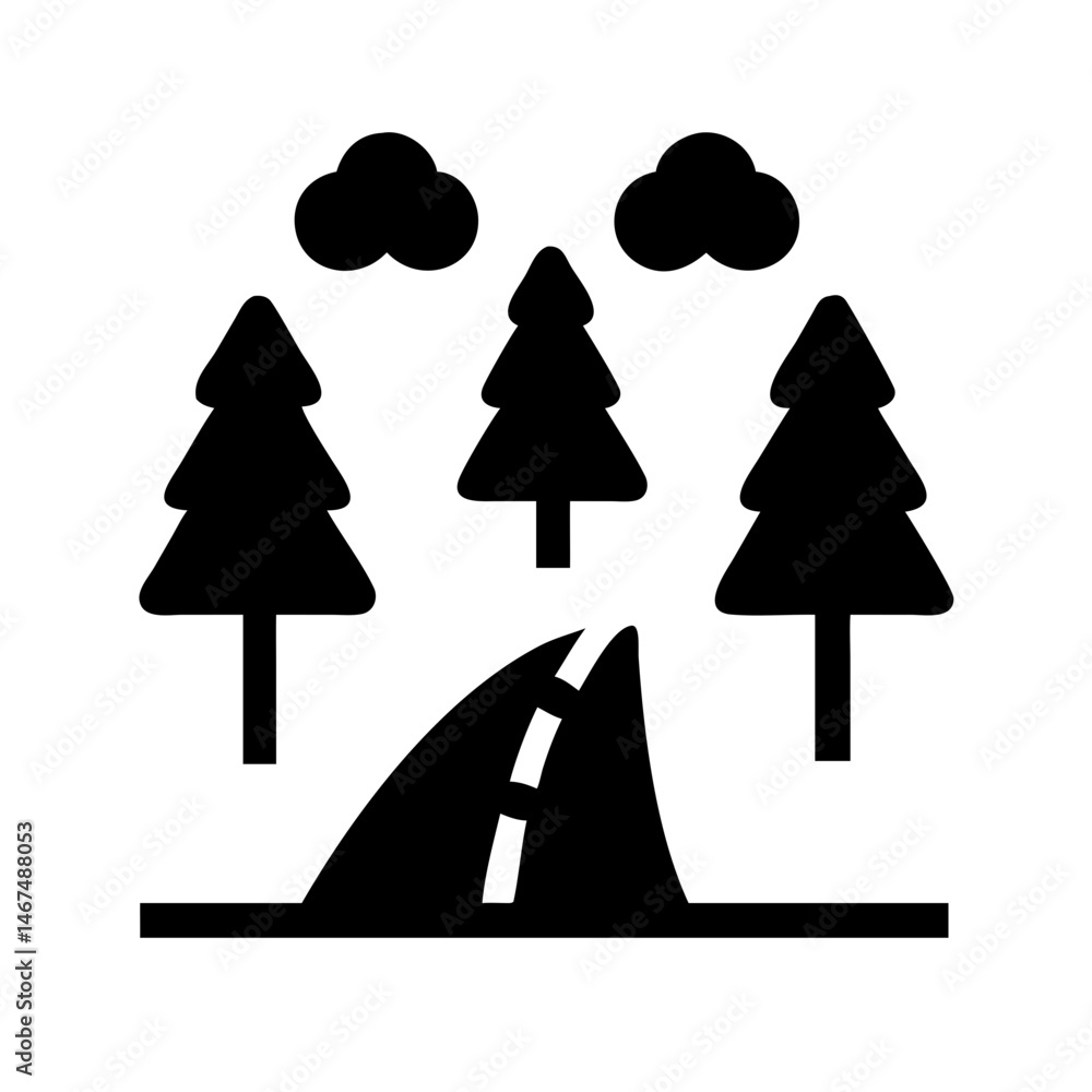 Poster road with trees silhouette on transparent background for web and graphic design