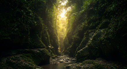 Stream Flowing Through Lush Tropical Canyon with Sunlight