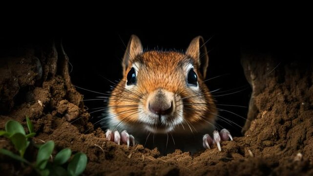 Close-up of a curious squirrel peering from its underground burrow.