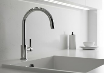 Minimalist kitchen scene featuring a sleek, modern faucet and pristine white sink