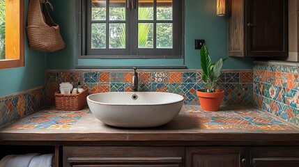 Pastel-toned bathroom featuring a charming vintage sink, colorful mosaic tiles, and warm decorative details creating a peaceful self-care setting