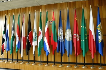 Flags displayed in a formal setting showcasing international diversity.