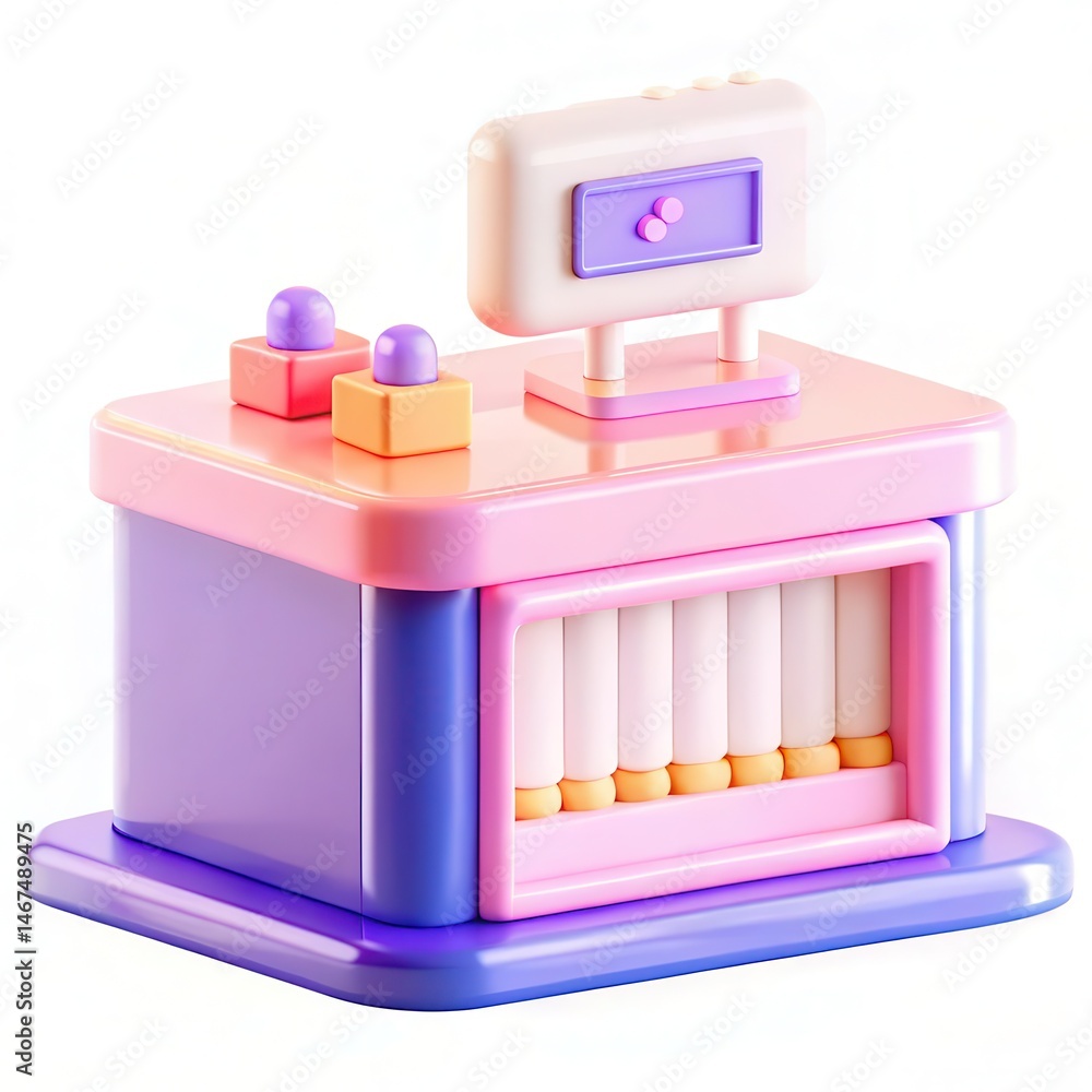 Poster A colorful, modern gadget resembling a playful cash register with buttons and a light display.