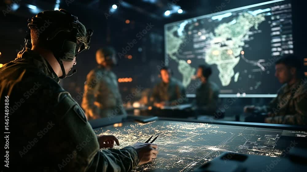 Poster an army field command center in the middle of a war zone, where officers in combat gear analyze an o