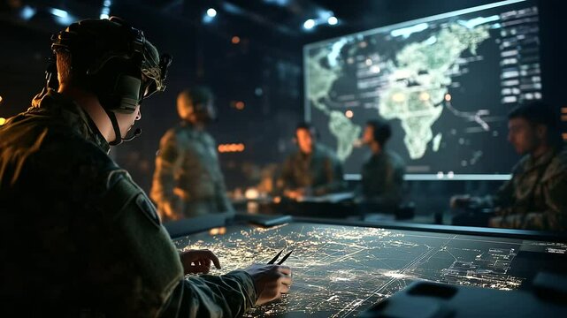An army field command center in the middle of a war zone, where officers in combat gear analyze an operational map and prepare for their next move.