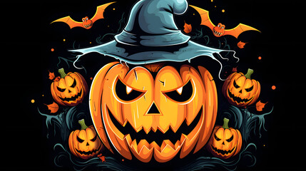 Halloween-inspired bright orange spooky lettering with pumpkin, bats for design projects