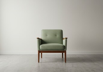 Mint Green Armchair with Wooden Frame Against a Minimalist Wall Setting