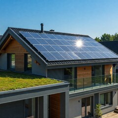 Fototapeta premium Eco House Solar Panels Under Blue Sky – Renewable Energy at Work