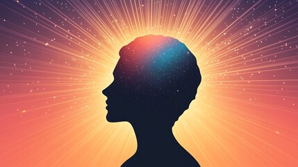 Vibrant star persona concept, Silhouette of a Human Head Surrounded by Cosmic Light Rays