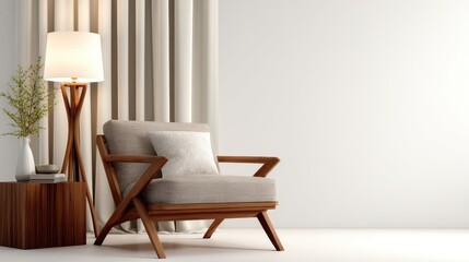 Modern minimalist living room featuring a stylish armchair, lamp, and decorative elements