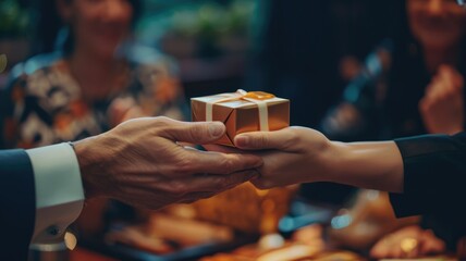 Group of businessman celebrate anniversary or holiday of company in restaurant. Senior manager give gift to employee for success in party. Business activity to increase friendship and teamwork. AIG53.