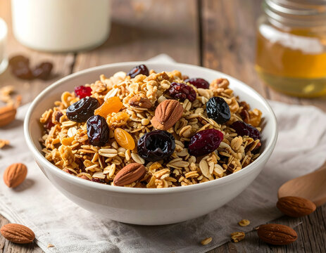 Delicious Granola Bowl with Mixed Dried Fruits and Nuts